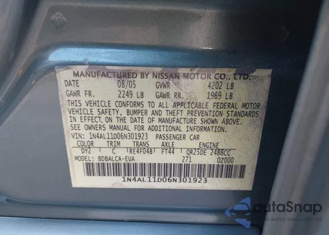 2006 Nissan Altima 2.5 S from USA, damaged, VIN 1N4AL11D06N301923